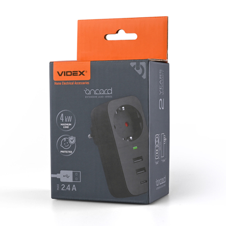 Адаптер сетевой VIDEX ONCORD VF-AD1G2U1C-B 1 розетка 2.4A 2 USB Type-C, з заземлением - 1