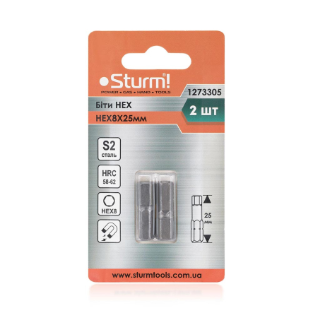 Биты S2 HEX8* 25mm 2шт Sturm 1273305