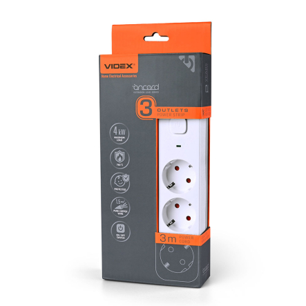 Удлинитель сетевой 3 гнезда 3м (3x1.5мм) с з/з, белый, VIDEX ONCORD, VF-PD33G-W - 1