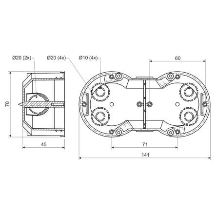 Коробка приборная, двукратная под бетон KOPOS KP 64/2_KA