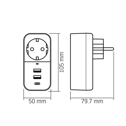 Адаптер сетевой VIDEX ONCORD VF-AD1G2U1C-W, 1 розетка, 2 USB + Type-C (2,4 А)