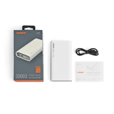 Повербанк (УМБ) 20000mAh VIDEX VPB-320 22.5W QC+PD White