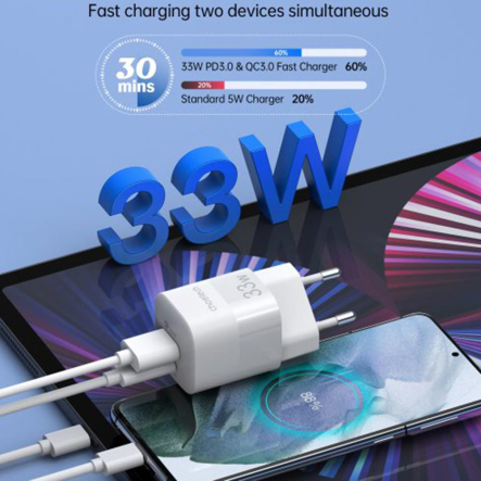 Зарядное устройство сетевое Choetech PD5006-EU-WH, GaN, USB-A/USB-C, 33Вт, QC3.0/PD/PPS