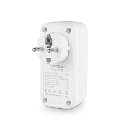 Адаптер сетевой VIDEX ONCORD VF-AD1G2U1C-W, 1 розетка, 2 USB + Type-C (2,4 А)