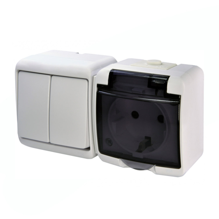 Микс горизонтальный (2кл. выкл.+1-я розетка schuko дымчатая кр.) (IP44) белый, VRHH-2sd Hermetics, ETI - 1