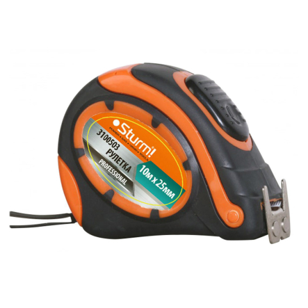 Рулетка Sturm 10м x 25мм Profi автостоп, ударостійкий корпус, зачіп з магнітом, великий шрифт, 3100503 - 1