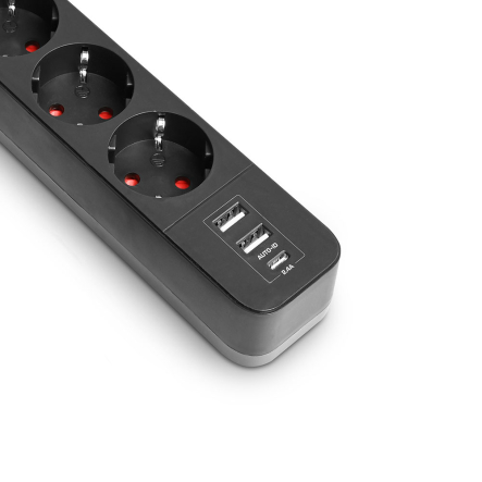 Удлинитель сетевой 3 гнезда 3м 1.5мм 2.4А 2USB Type-C з/з, черный, VIDEX ONCORD, VF-PD33G2U1C-B