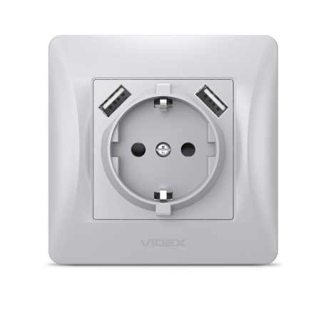 Розетка VIDEX BINERA одинарная, с заземлением и 2USB, серебряный шелк, VF-BNSK1GU2-SS - 2