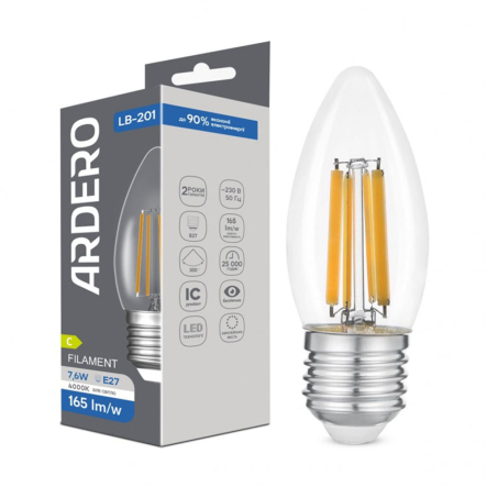 Лампа LED Ardero LB-201, 7,6W, 4000K, E27, 230V, C35, filament - 1