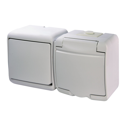 Мікс горизонтальний (1кл. вимикач+1-я розетка schuko біла кр.) (IP44) білий, VRHH-1s Hermetics, ETI - 1