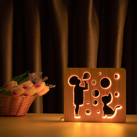 Ночник LED деревянный Мальчик и пузыри (RGB/1)