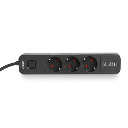 Удлинитель сетевой 3 гнезда 3м 1.5мм 2.4А 2USB Type-C з/з, черный, VIDEX ONCORD, VF-PD33G2U1C-B