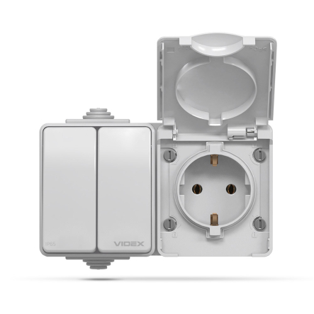 Розетка наружная 1-я с заземлением и 2 кл. выключатель VIDEX BINERA, серая, IP65, VF-BNW32-G - 1