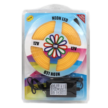 Лента силиконовая 5м, LED NEON 12V-220V, SMD 2835, IP65, желтая, 12В, (есть адаптер 220В)