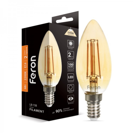 Лампа LED FERON LB-158, 6W, 2200K, E14, 220V, C37, Filament, золото, 5625 - 1