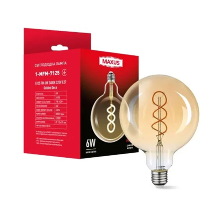 Лампа LED MAXUS 1-MFM-7125, 6W, 2400K, E27, 220V, G125 FM Golden Deco Filament - 1