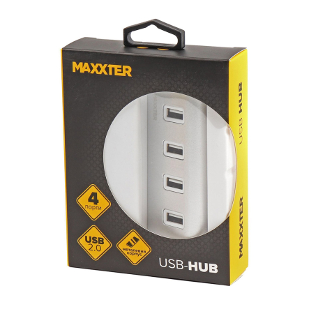 Хаб USB 2.0 Type-A Maxxter HU2A-4P-01 на 4 порта, металл, серебро