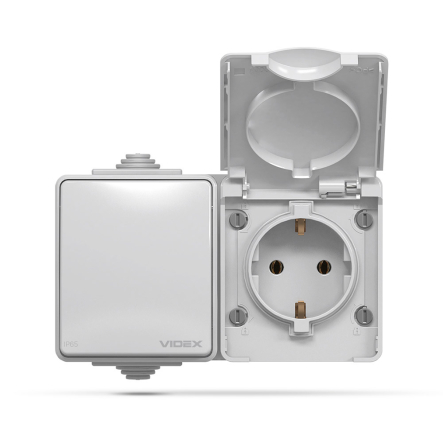 Розетка наружная 1-я с заземлением и 1 кл. выключатель VIDEX BINERA, серая, IP65, VF-BNW3-G - 2