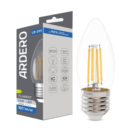 Лампа LED Ardero LB-201, 5,4W, 4000K, E27, 230V, C35, filament - 1