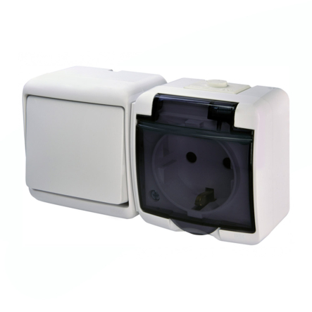 Микс горизонтальный (1кл. выкл.+1-я розетка schuko дымчатая кр.) (IP44) белый, VRHH-1sd Hermetics, ETI - 1