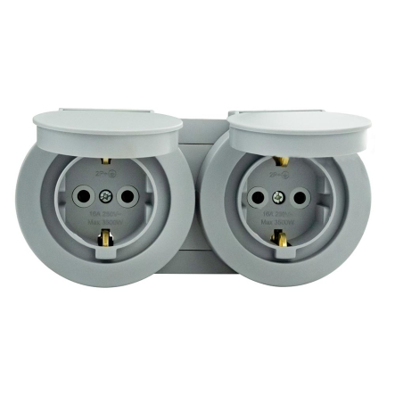 Розетка накладна HOROZ xOne 2-а, з з/к, з кришкою, 16А, IP54, сіра, 406-240000-924 - 1