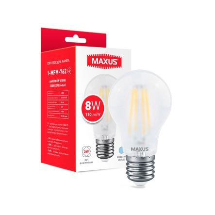 Лампа LED MAXUS Filament, 8 Вт, 4100K, E27, 220 В, A60, Frosted - 1