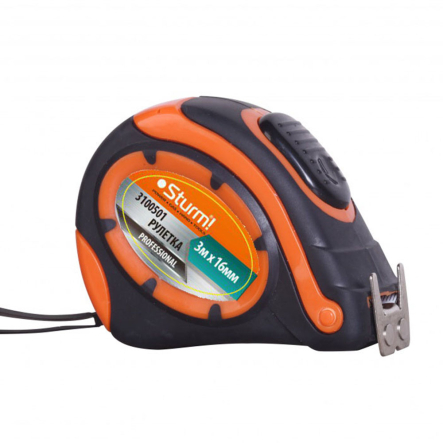 Рулетка Sturm 3м x 16мм Profi STURM автостоп, ударостійкий корпус, зачіп з магнітом, великий шрифт, 3100501 - 1