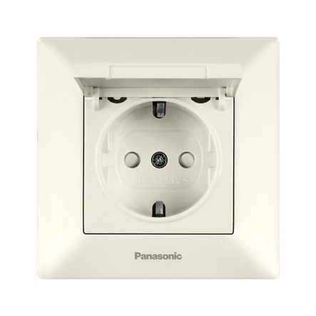 Розетка с заземлением, с защитными шторками, с крышкой, Panasonic Arkedia Slim, крем, 02102BG - 1