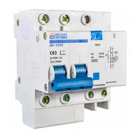 Автоматический выключатель дифференциального тока АСКО-УКРЕМ ДВ-2006, 2р, C 63А/30 мА, A0030030005