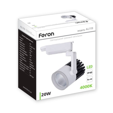 Светильник трековый FERON, AL119, 20W, 1700Lm, 4000K, IP40, 80х180х215 мм, белый, 6313