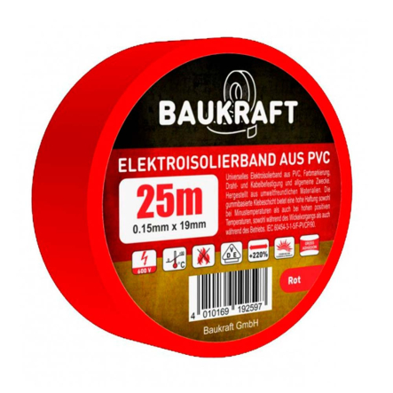Изолента TM BAUKRAFT красная. 0,15ммх19мм, 25м, Germany - 1