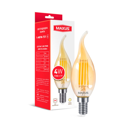 Лампа LED MAXUS Filament, 4 Вт, 2700K, E14, 220 В, C37 Golden - 1
