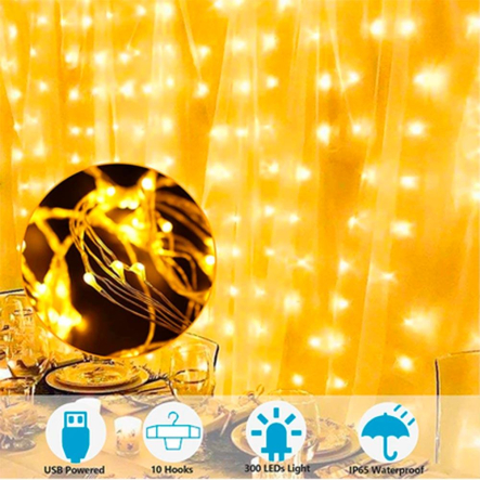 Гирлянда леска штора (Лучи росы) 3*2 м, USB, с пультом, золото, ZABI-12 G