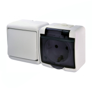 Микс горизонтальный (1кл. выкл.+1-я розетка schuko дымчатая кр.) (IP44) белый, VRHH-1sd Hermetics, ETI