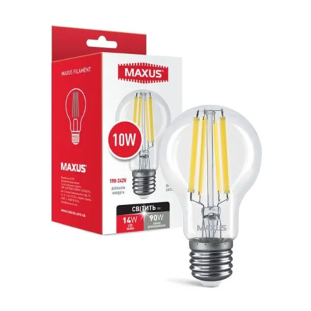 Лампа LED MAXUS 1-MFM-764, 10W, 4100K, E27, 220V, A60, Filament Clear - 1