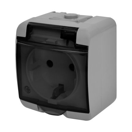 Розетка 1-я Schuko (серая/дымчата крышка) (IP44) RHE-1sd-SR, Hermetics, ETI - 1