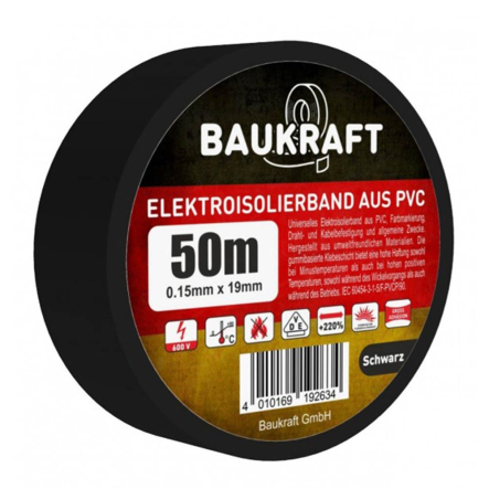 Изолента 0,15мм*19мм 50м, черная, TM BAUKRAFT, Germany - 1