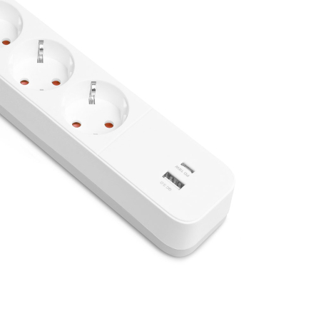 Удлинитель сетевой 4 гнезда 3м (3x1.5мм) 3.4А USB(QC3.0) +USB-C(PD18W) белый, VIDEX ONCORD, VF-PD43G1QC1PD-W