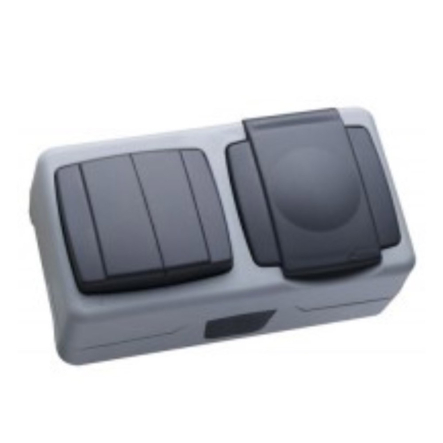 Вимикач 2-клавішний + розетка із заземленням, IP55, сірий, Makel, 36064203 - 1