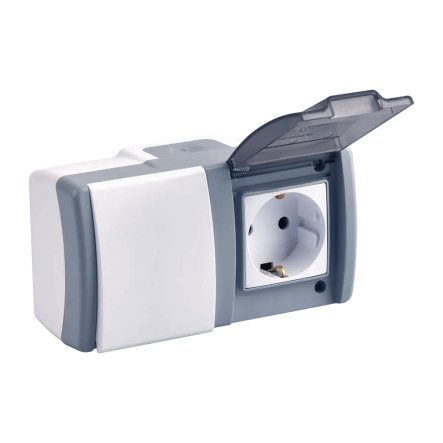 Вимикач 1кл+ розетка 1-а с з/к Mono Electric, OCTANS, IP54, біло-сірий, 154-020001-180 - 1