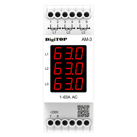 Амперметр DigiTOP АМ-3 DIN цифровой 3 ф. (1-63А)