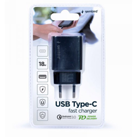 Зарядное устройство сетевое Gembird TA-UQC3-03, USB-A + 1 Type-C (PD 18 Вт + QC3.0 18 Вт)