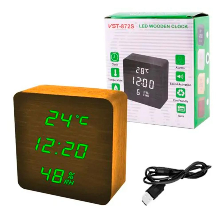 Годинник VST-872-4, зелені цифри, USB, коричневий корпус - 2