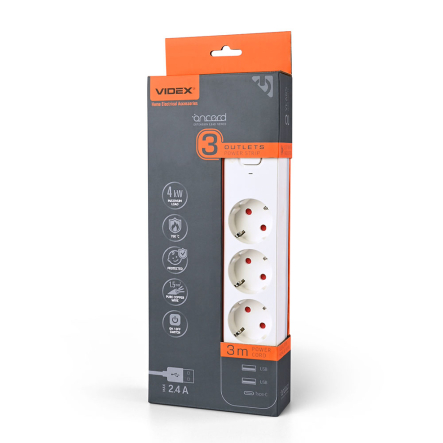 Удлинитель сетевой 3 гнезда 3м 1.5мм 2.4А 2USB Type-C з/з, белый, VIDEX ONCORD , VF-PD33G2U1C-W - 1