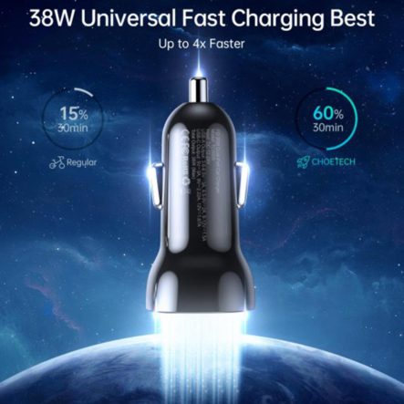 Зарядное устройство автомобильное Choetech TC0005-BK, 2 порта, 38Вт, QC3.0+PD, черный