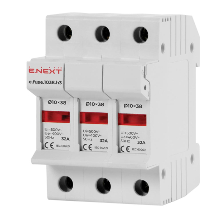 Держатель предохранителя E.NEXT e.fuse.1038.h3, на DIN-рейку, под предохранитель 10х38, 3р, 32А, i0300003 - 1