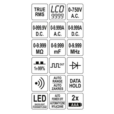 Мультиметр TRUE RMS электрических параметров YATO YT-73089, с LCD-цифровым диапазоном 9999