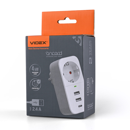 Адаптер сетевой VIDEX ONCORD VF-AD1G2U1C-W, 1 розетка, 2 USB + Type-C (2,4 А) - 1