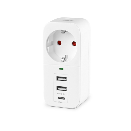 Адаптер сетевой VIDEX ONCORD VF-AD1G2U1C-W, 1 розетка, 2 USB + Type-C (2,4 А)