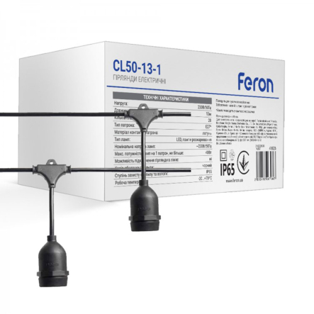 Гирлянда Белт-лайт на подвесах FERON CL50-13-1, IP65, 230V, Е27х20, 13м, черная, 7488 - 1